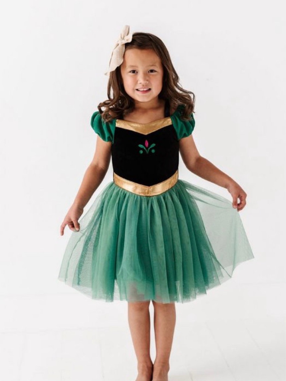 Green & Black Tulle Princess Dress with Gold Trim